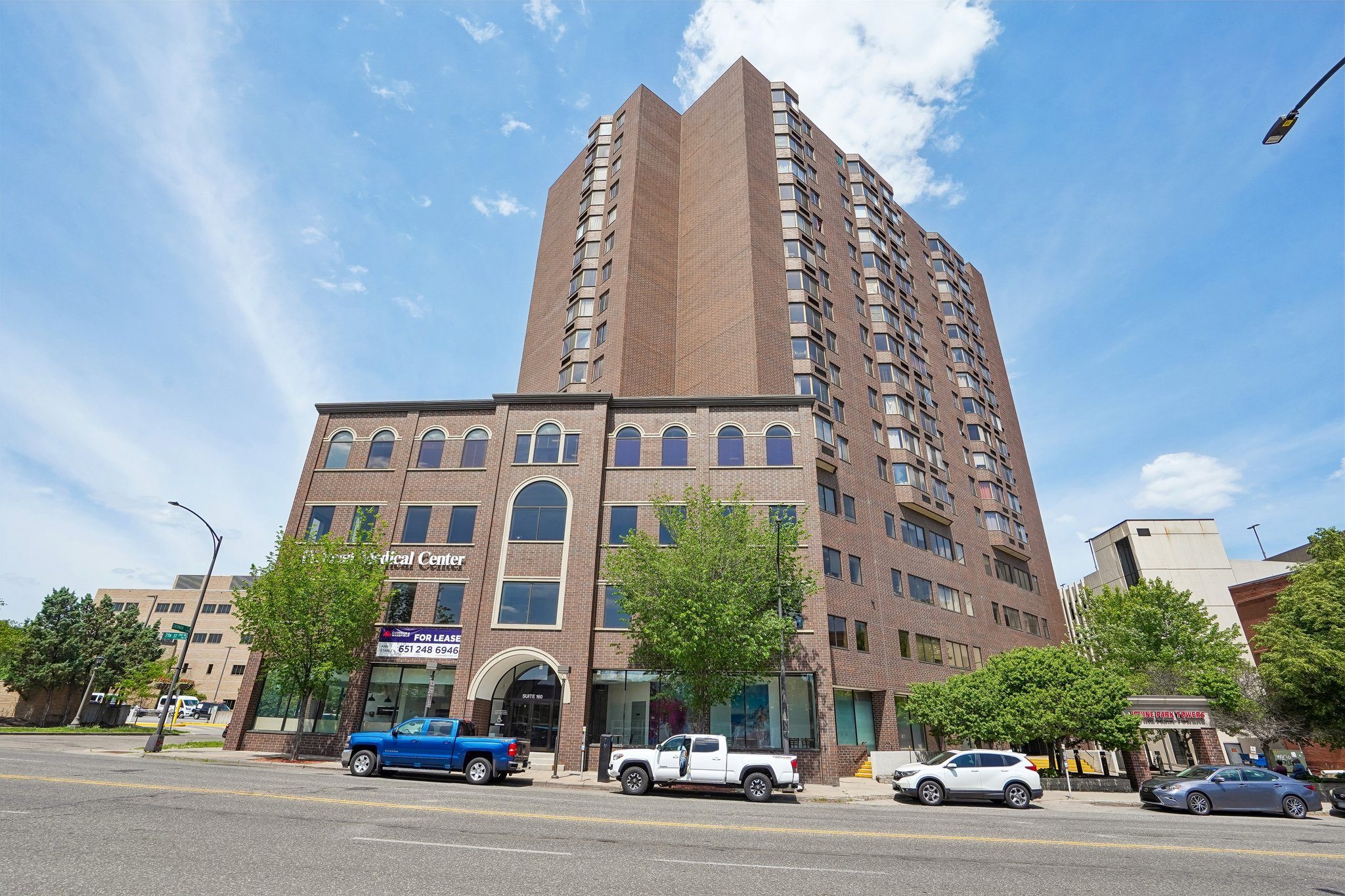 Exterior view of Irvine Park Towers apartment building from West 7th Street